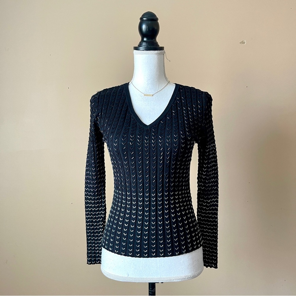 BELLDINI | Black Ombre Beaded V-Neck Fitted Sweater Sz S